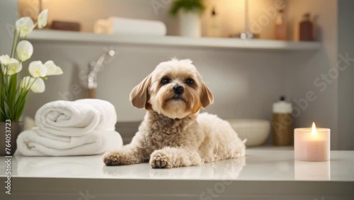 Relaxing spa day for contented, well-groomed pet dog