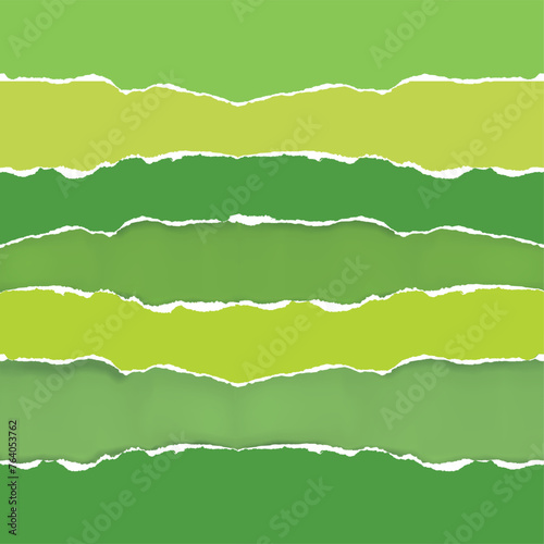 Green torn paper colorful stripes, Springtime banner template. Illustration of Ripped paper stripes, torn paper edge. Vector available.