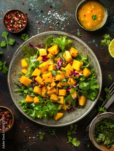 Top-down view of mango salad on rustic table - Vibrantly displayed mango salad on a rustic background showcasing the dish's freshness