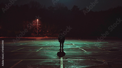 anonymous saint standing far away on a parking lot facing away from the camera, in the style of Dawid Planeta

 photo