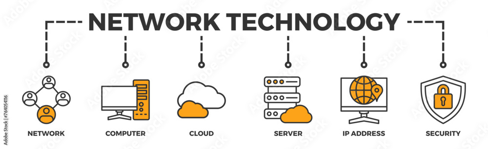 Network technology banner web icon illustration concept with icon of network, computer, cloud, server, ip address and security Network technology banner web icon illustration concept with icon of network, computer, cloud, server, ip address and security