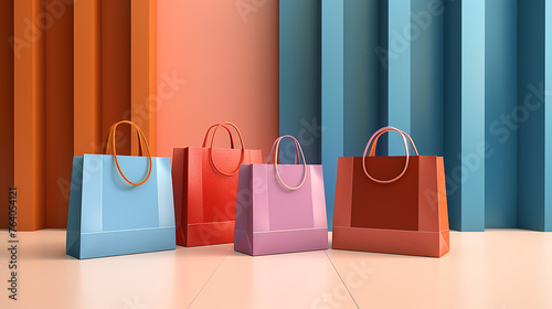 3D colorful paper bags on colorful background