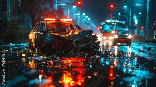 Car crash on a wet road at night with Ambulance lights on background