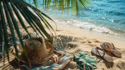 Beach Vacation, Summer on Tropical sand and accessories hat, bag, towel and fip flops on white sand with coconut leaves in side photo