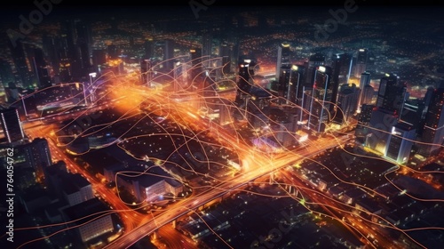 Aerial views of high-speed internet connection visualized as glowing cable web sending digital data over spectacular dark cityscape with skyscrapers.