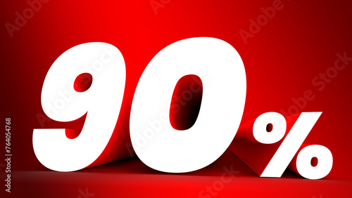 90 percent sign. White letter on red background. 3d. Copy space. photo