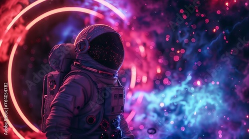 astronaut in suit in space with neon clouds