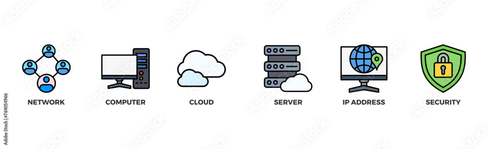 Network technology banner web icon illustration concept with icon of network, computer, cloud, server, ip address and security Network technology banner web icon illustration concept with icon of network, computer, cloud, server, ip address and security