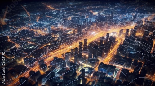 Aerial views of high-speed internet connection visualized as glowing cable web sending digital data over spectacular dark cityscape with skyscrapers. © SULAIMAN