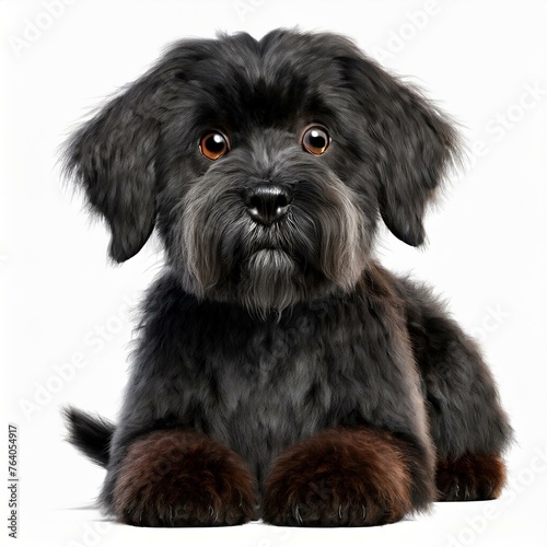 portrait of a puppy full body, looking curious, with big eyes , black and grey hair, relistic photo