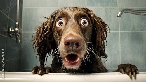 Shocked dog bathing in the bathroom.