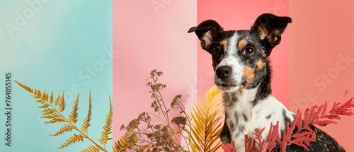 A beautiful sea dream design. A contemporary art collage with a cute dog and trendy colored background with geometric styled elements. The design emphasizes inspiration, pets, animals, style, and photo