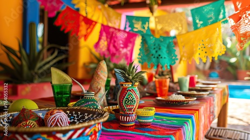 Cinco de Mayo celebration with festive decorations, colors, and cultural elements