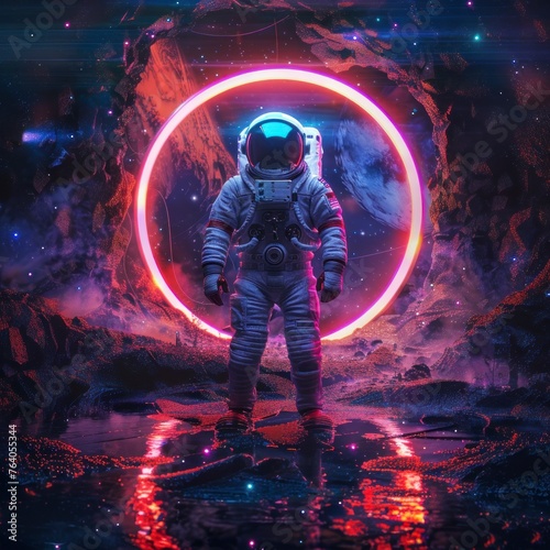 Astronaut in a suit going through a neon portal on a different planet in space in high resolution and high quality. astronaut concept,portal,space,universe