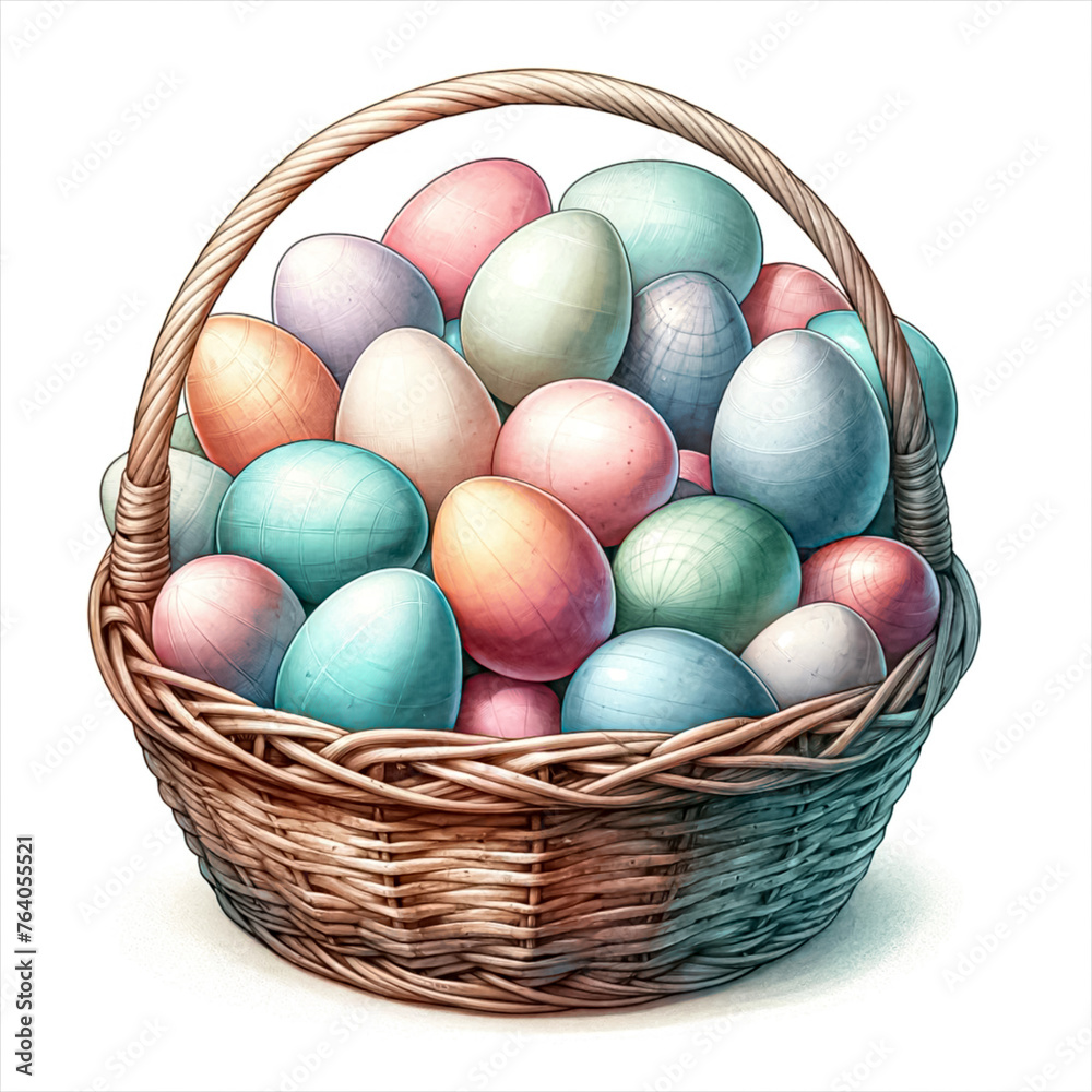 An illustration of pastel colors Easter eggs in a basket, rendered in watercolor style An illustration of pastel colors Easter eggs in a basket, rendered in watercolor style