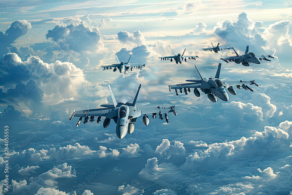fighter jets in formation flying through the sky - obrazy, fototapety, plakaty 