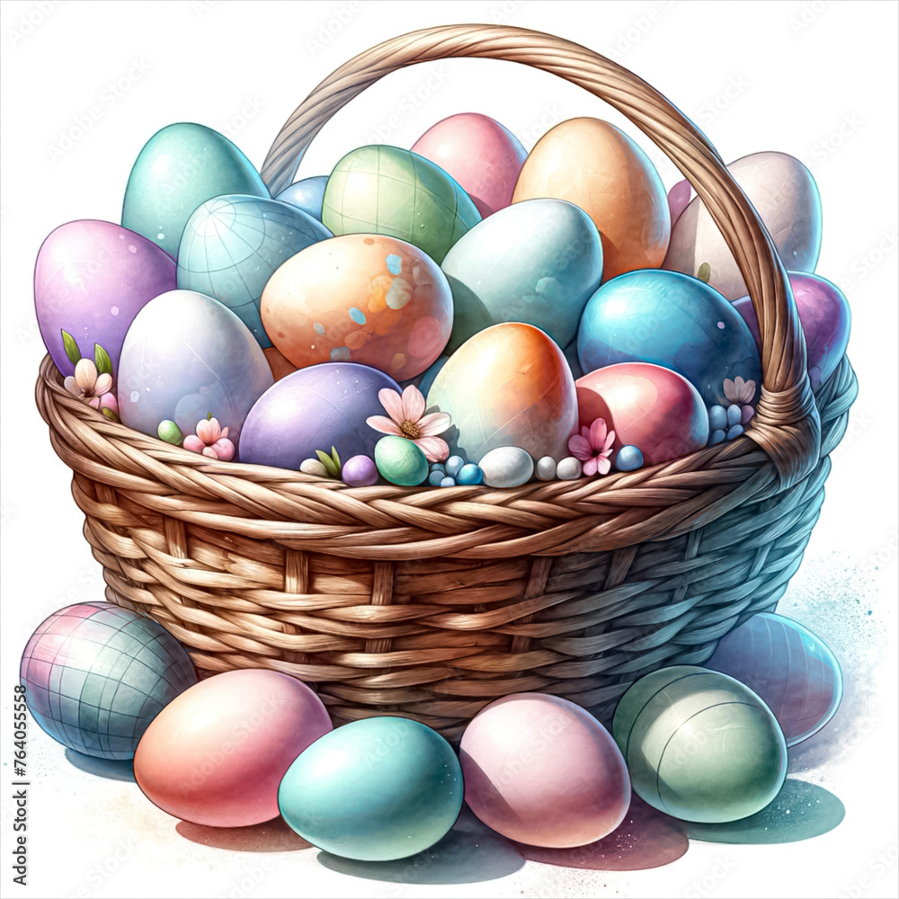 An illustration of pastel colors Easter eggs in a basket, rendered in watercolor style