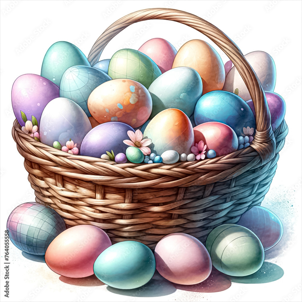 An illustration of pastel colors Easter eggs in a basket, rendered in watercolor style An illustration of pastel colors Easter eggs in a basket, rendered in watercolor style