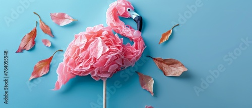 The candy is shaped like a flamingo on a wooden stick on a blue background. There is negative space for you to write your own text. Modern design. Contemporary art. Creative conceptual and colorful