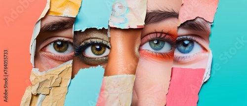 Male and female eyes in a collage with a neon background. The concept of equality and unification of all nations, ages, and interests. Diversity and human rights. photo