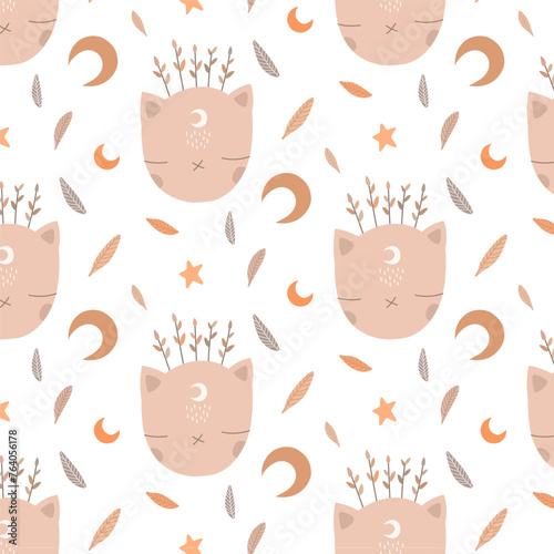 Cute cat pattern design with leaves, moon and star. For kids fashion artworks, children books, wallpapers, wrapping.