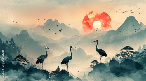 A Japanese background with a mountain forest modern. A Chinese cloud decorations logo design in a vintage style with a crane bird element. A black brush stroke watercolor texture object. © Mark