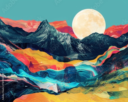 Abstract digital art of colorful mountains under a large moon with textured layers and dynamic hues