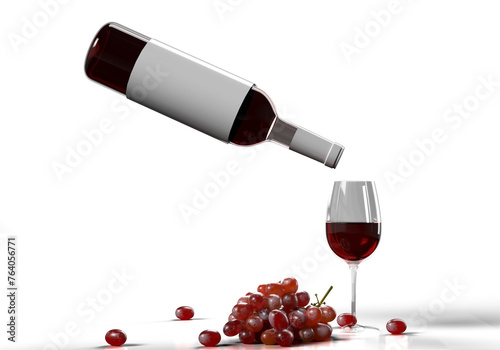 Wine bottle scene with grape and wine glass mockup template 3d render.png files
