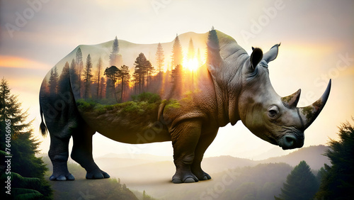 rhinoceros silhouette with a forest landscape