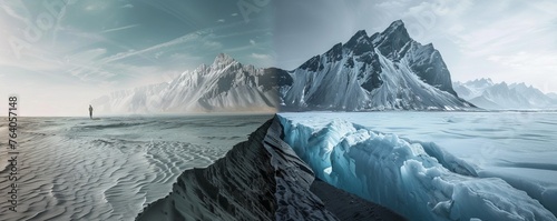 Surrealistic juxtaposition of a desolate icy landscape with a lone figure and sharp mountain peaks