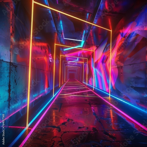 Futuristic neon-lit corridor creating an infinite perspective, with reflective surfaces and dynamic colors