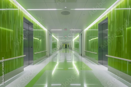 Interior of illuminated passage with green walls in modern hospital.