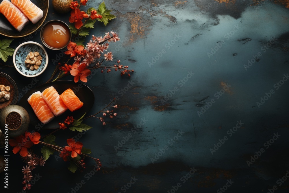 Japanese cuisine background on dark matte surface, realistic style, bright colors, space for text - obrazy, fototapety, plakaty 