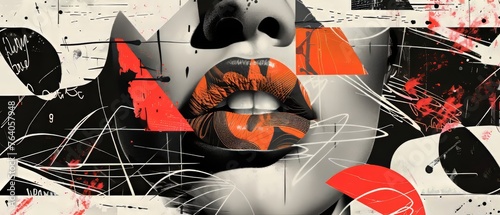 A collage poster with doodles on a blackboard. Spitballs with blah blah text. A beautiful woman with paper lips cut out of it. Modern illustration. Modern vintage pop art. photo