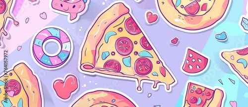 A set of stickers on the theme of loving pizza. Trendy collage elements with torn paper, scotch tape, and a hand and mouth. Transparent background. Modern illustration. photo