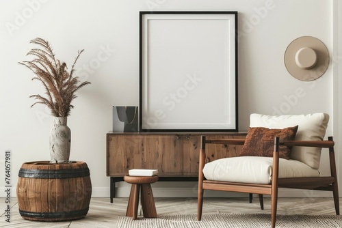 Stylish scandinavian composition of living room with design armchair, black mock up poster frame, commode, wooden stool, book.