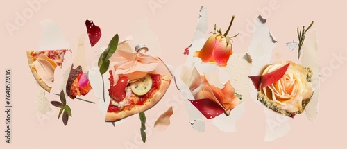 Modern illustration with torn paper and scotch tape elements and a hand and mouth on transparent background. A set of stickers on the theme of loving pizza. photo
