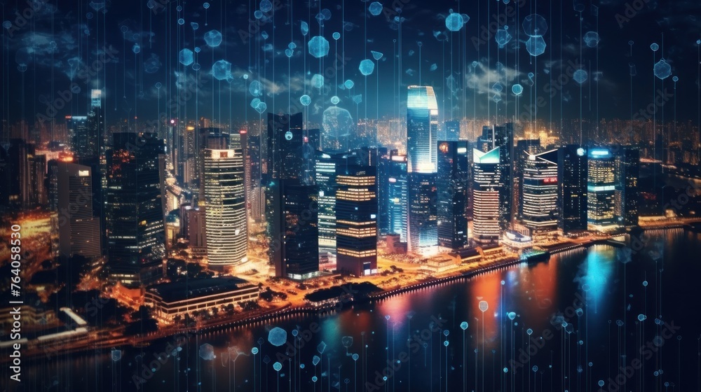 Abstract technology icons, night aerial panoramic cityscape of Singapore, Asia. The concept of innovative approach to optimize international business process.
