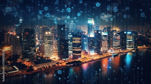 Abstract technology icons, night aerial panoramic cityscape of Singapore, Asia. The concept of innovative approach to optimize international business process. © SULAIMAN