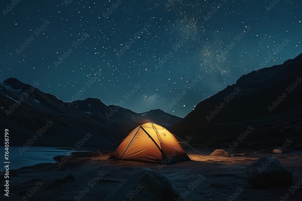 Remote Tent Illumination Amidst Star-Filled Night, Pure Wilderness
