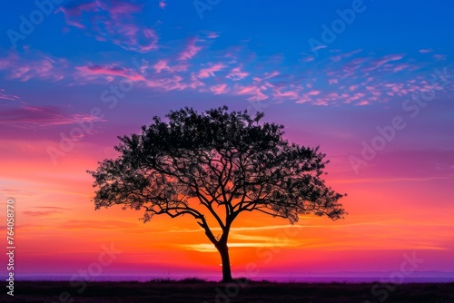 Vibrant Sunset and Tree Silhouette - Symbol of Solitude