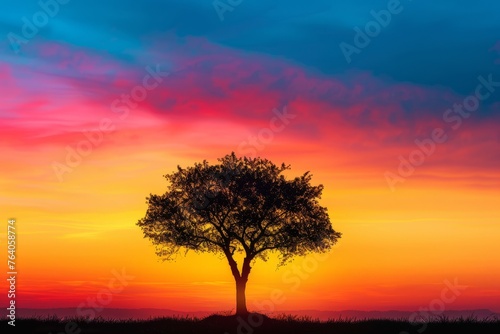 Lone Tree Silhouette Against Colorful Sunset, Nature's Resilience