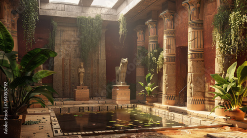 A serene and beautifully lit courtyard, with stunning statues of Egyptian deities, plants, and a reflective pool