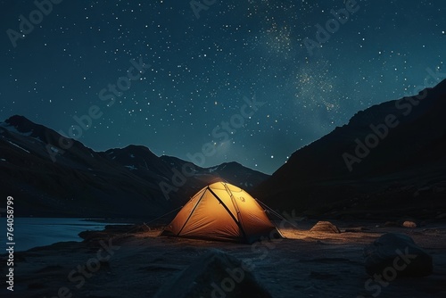 Remote Tent Illumination Amidst Star-Filled Night, Pure Wilderness