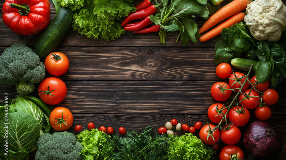Frame of fresh organic vegetables on wood background. Healthy natural food on rustic wooden table with copy space. Tomato, lettuce, carrot, pepper, zucchini and other cooking ingredients top view Frame of fresh organic vegetables on wood background. Healthy natural food on rustic wooden table with copy space. Tomato, lettuce, carrot, pepper, zucchini and other cooking ingredients top view