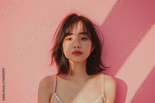 Portrait of beautiful young asian woman looking at camera, beauty fresh skin isolated on pink background