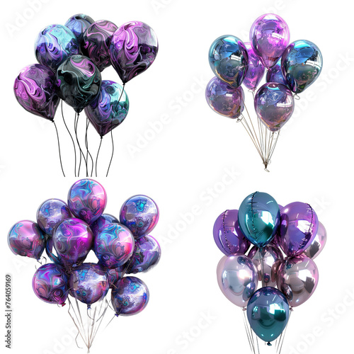 Set of helium balloons in gothic colors. Collection on purple balloons isolated on transparent background.  photo