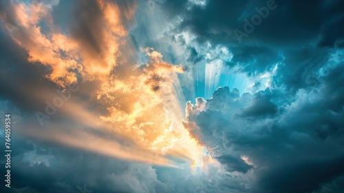 Dramatic cloudscape with sunlight breaking through, creating a picturesque scene