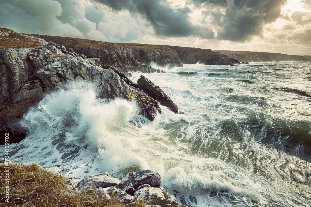 Stormy Ocean Landscape, Wild Coastline with Crashing Waves