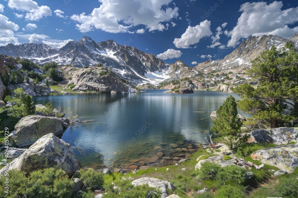 Tranquil Alpine Lake Surrounded by Majestic Snowy Peaks